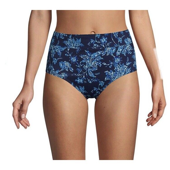 Lands End Size 18 Navy Floral High Waisted Bikini Bottoms Swimsuit Tummy Control - Picture 2 of 5